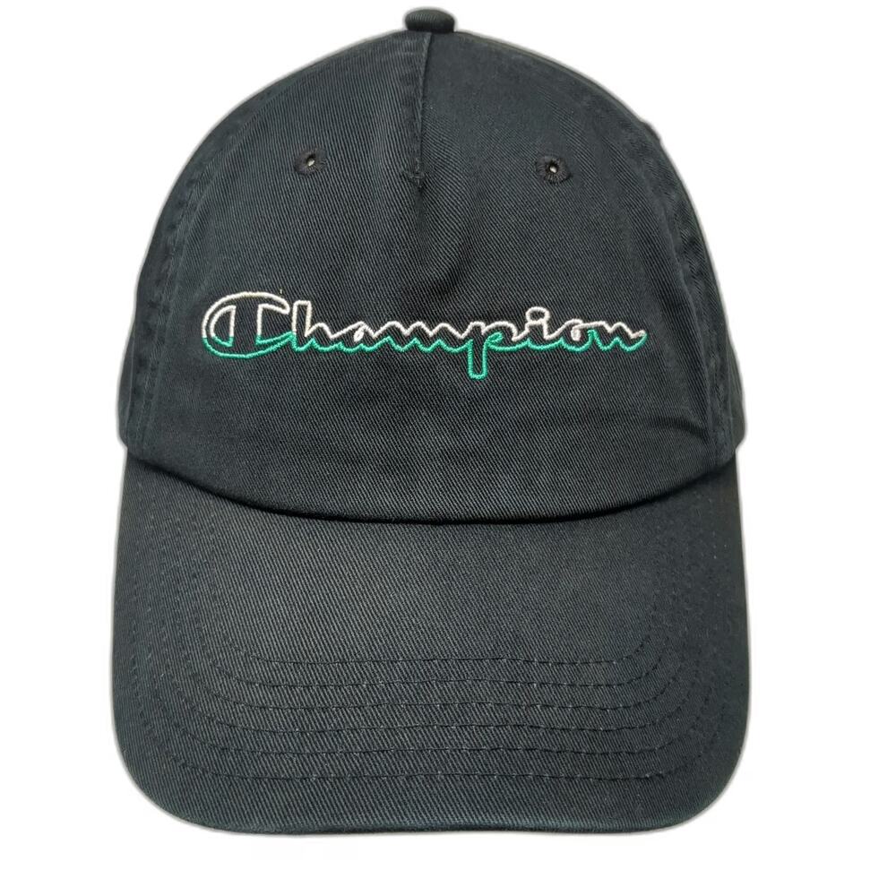 Champion 5 Panel Hat Black One Size Cotton Script Logo Slideback Strapback